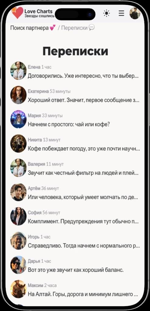 Пример списка переписок Love Charts
